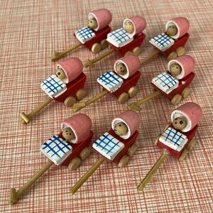 Vintage Miniature HandPainted Wooden Strollers Prams with Babies set of 9